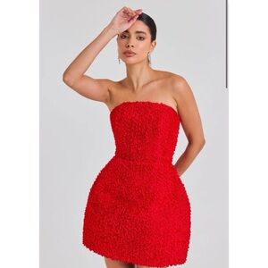NADINE MERABI Strapless Red Textured Mini Dress